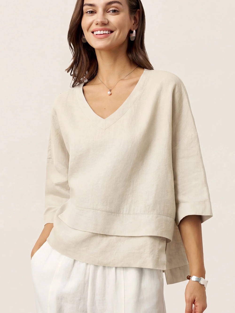 Lintico 100% Linen Drop Shoulder Asymmetric Layered Hem Overtop VIOLA M